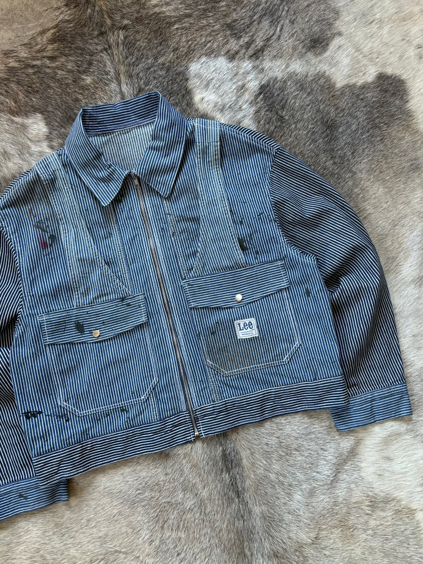 1:1 Hickory Stripped Paint Splattered Jacket Upcycled From 70s Lee Overalls (L)