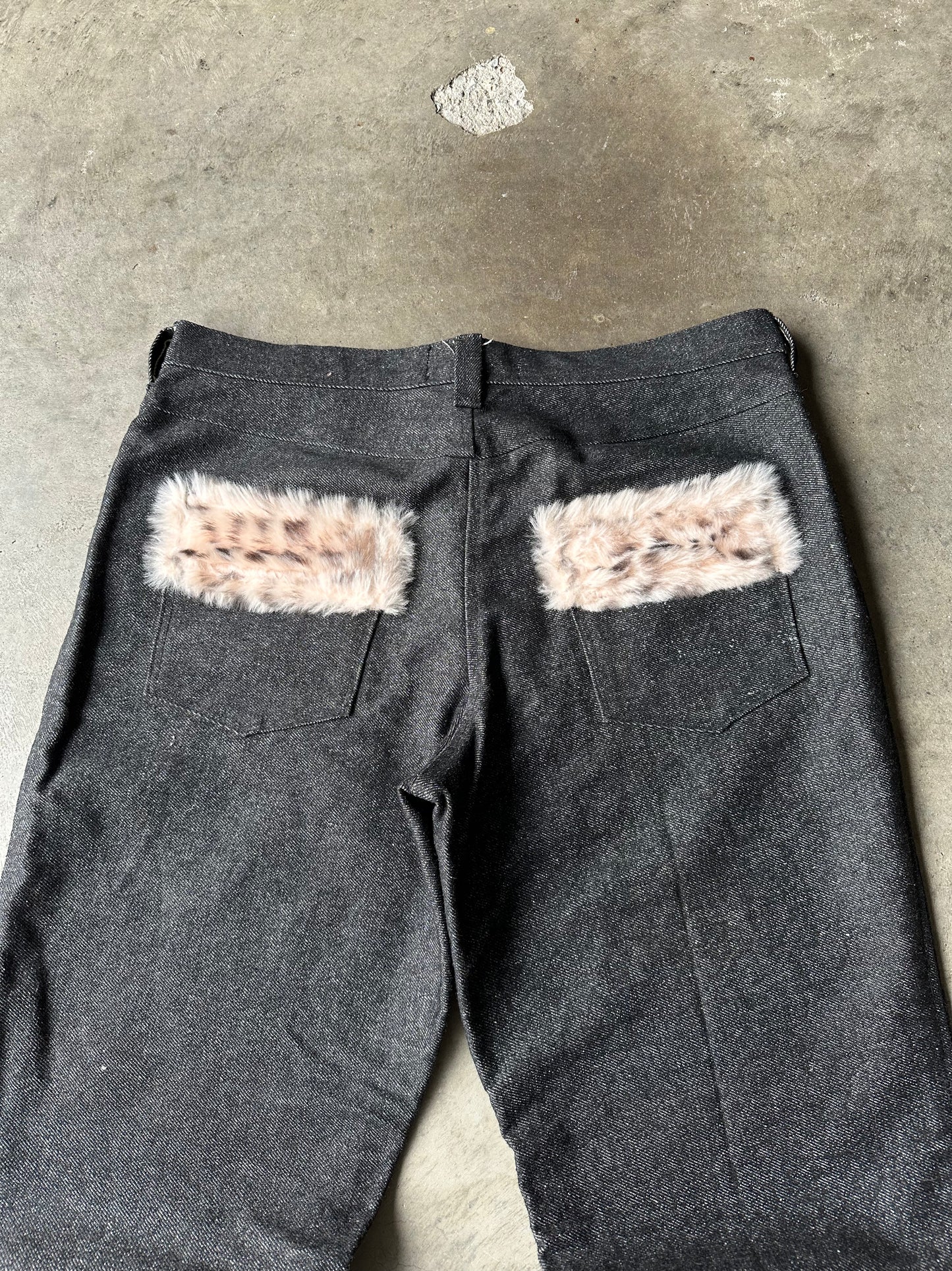 1:1 Raw Black Flared Denim With Faux Fur Trim (35" x 34")