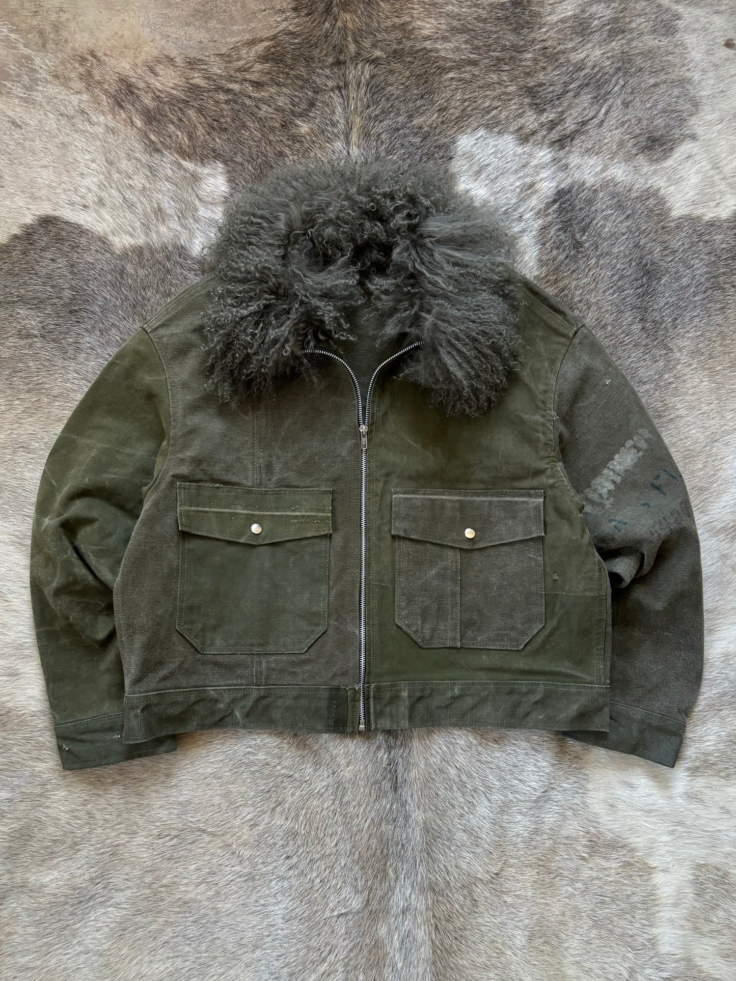 1:1 Military Green Canvas Jacket w/ Shearling Fur Collar (L)