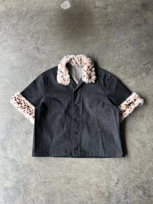 1:1 Raw Black Denim Buttonup With Faux Fur Trim (L)