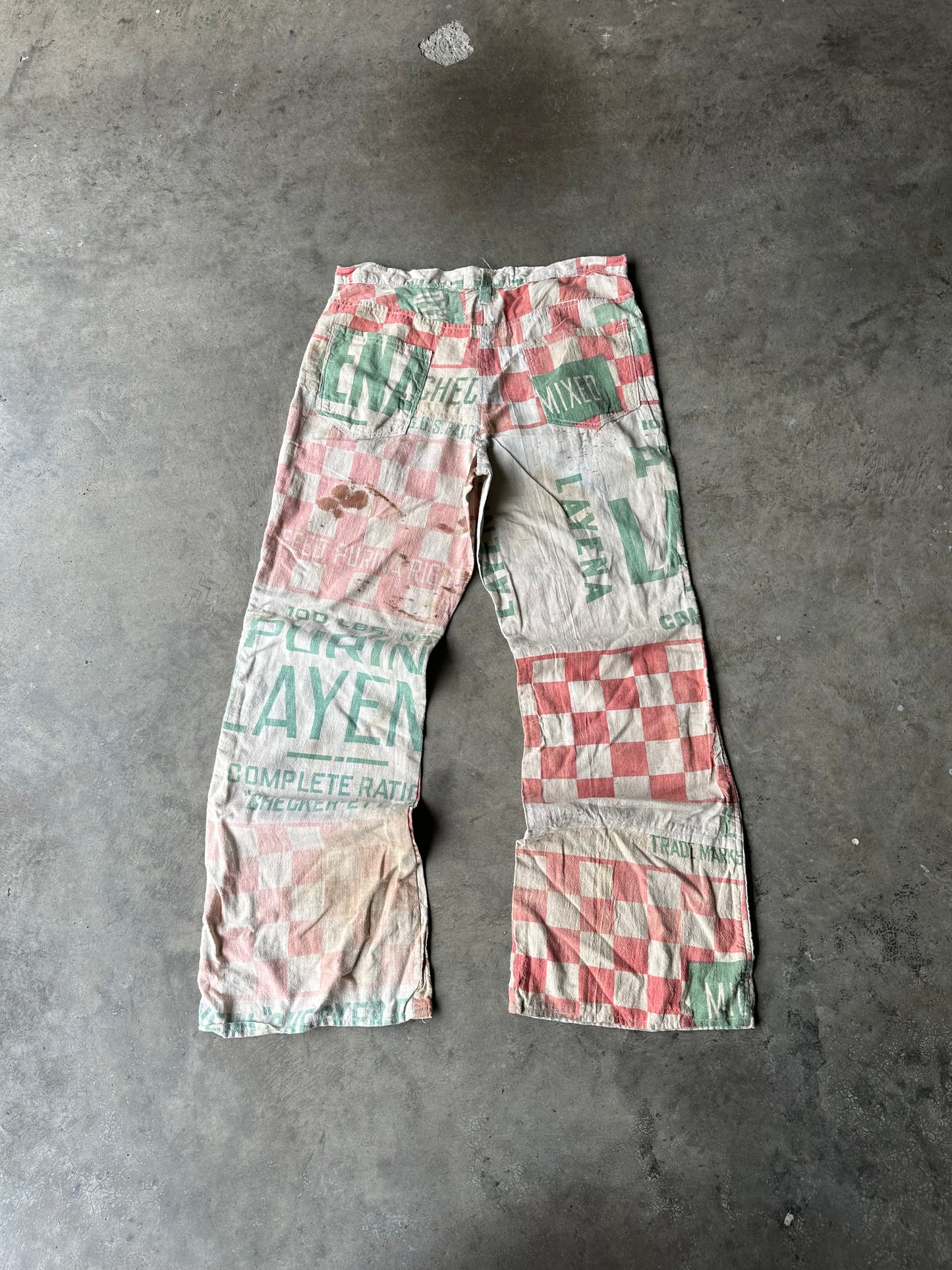 1:1 Checkered Hog Chow Feedsack Flared Pants (32" x 31")