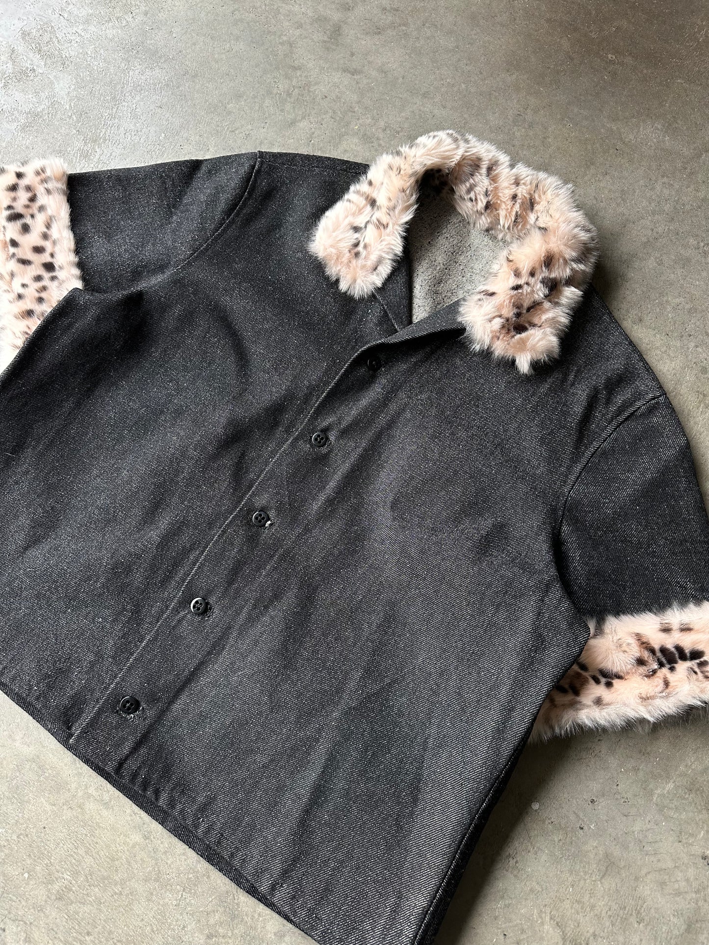 1:1 Raw Black Denim Buttonup With Faux Fur Trim (L)